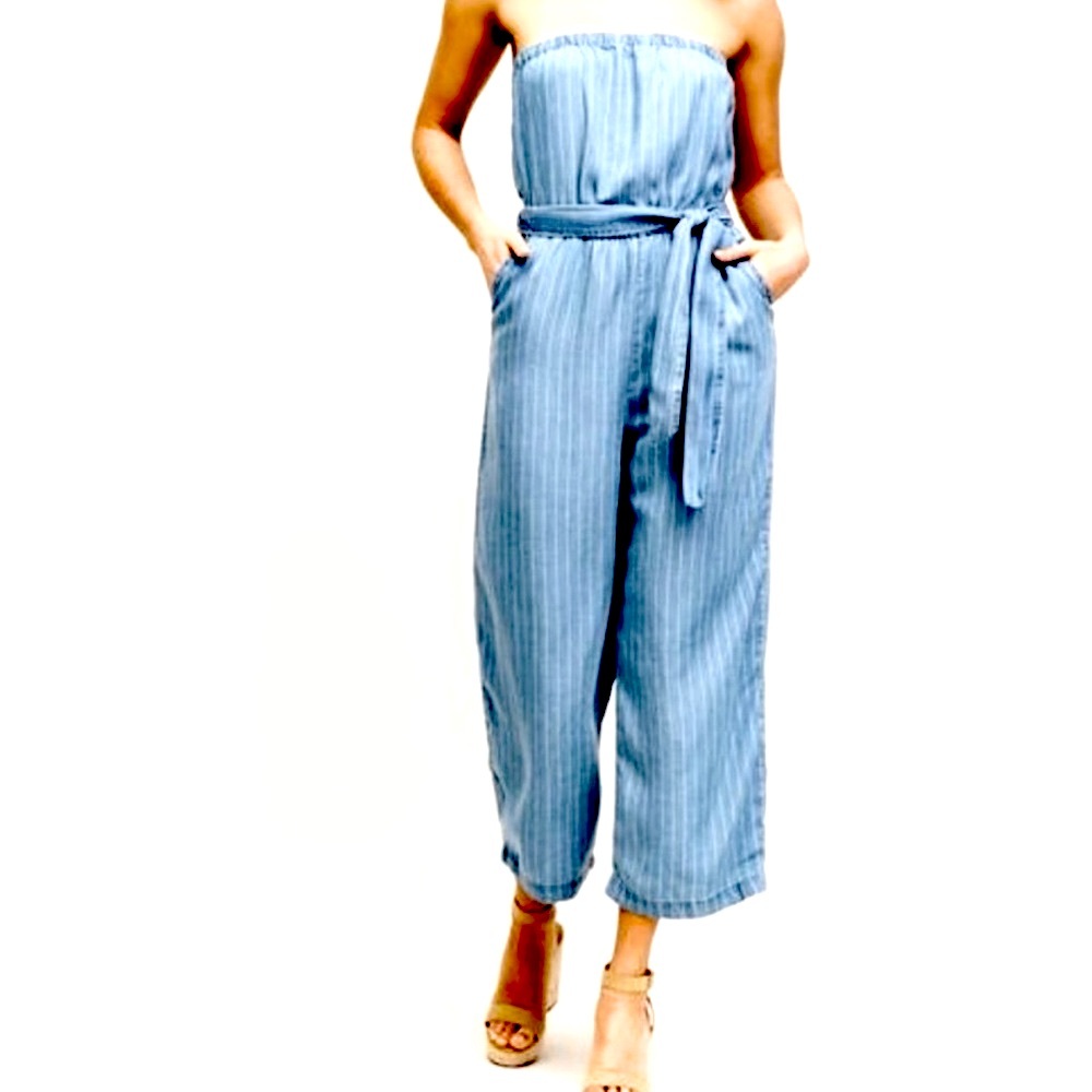 Blue Stripes Strapless Jumpsuit